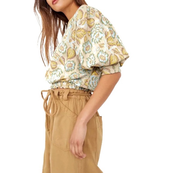 FP No Ordinary Puff Sleeve Open Tie Back Lime Green and Oatmeal Large NWT - Picture 2 of 8